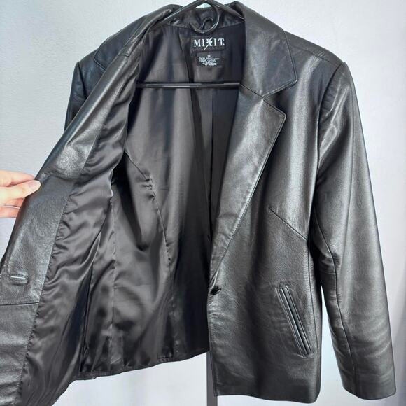 Vintage Y2K Leather Blazer Jacket V-Neck Black One Button Medium - Picture 6 of 8